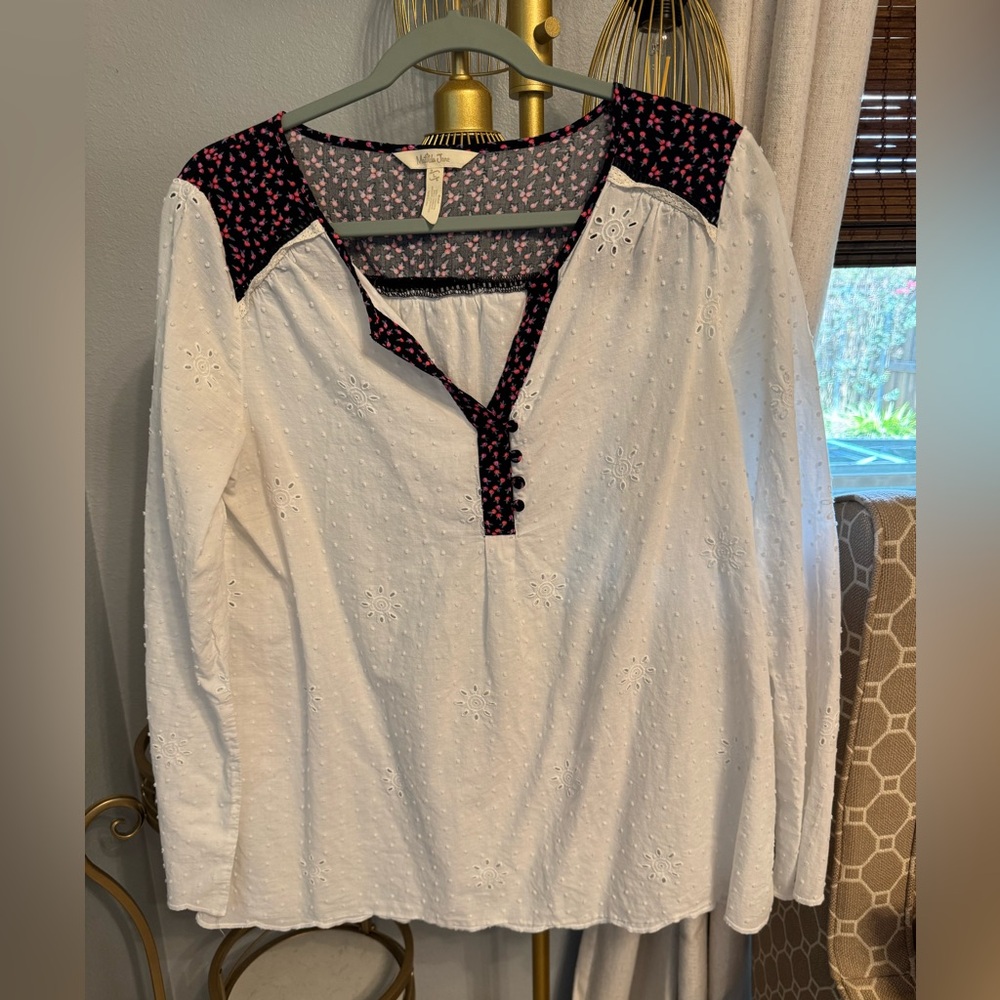 🟣 Matilda Jane White Blouse with Black and Pink Accents